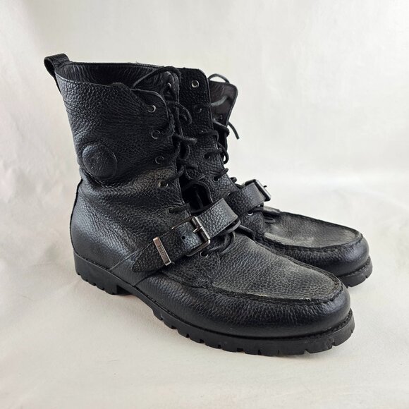 Polo Ralph Lauren Ranger Boots Mens 13D Black Leather Lace Up Buckle Combat Moto